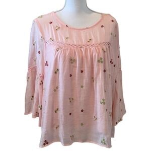 Figueroa & Flower Pink Floral Embroidered Boho Blouse 3/4 Bell Sleeve Medium